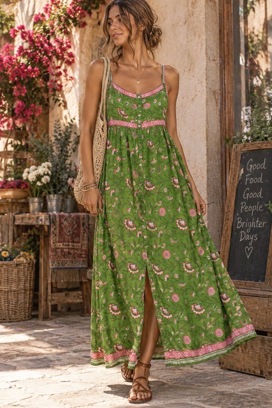 Natural Life Block Floral Print Baby Doll Green Maxi Dress Cotton Boho Size XL